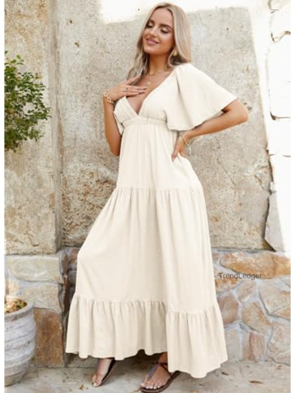 V-Neck Maxi Dress Tiered Ruffle Flutter Sleeve Backless Elastic Waist Flowy - Picture 4 of 5